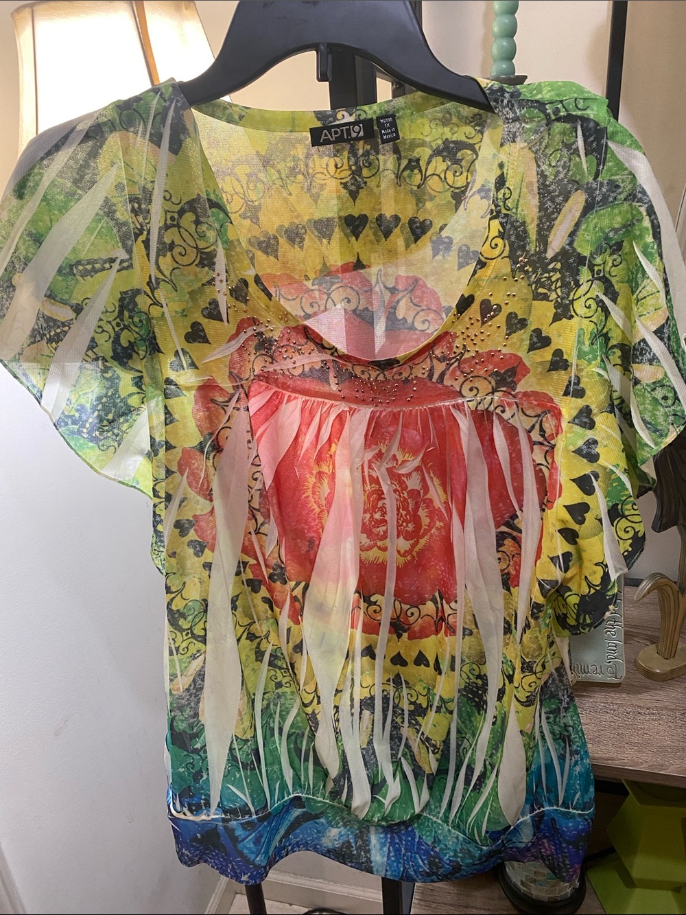 Apt. 9 Sheer Multicolor Floral Heart Print Top in Yellow, Green, Blue & Red